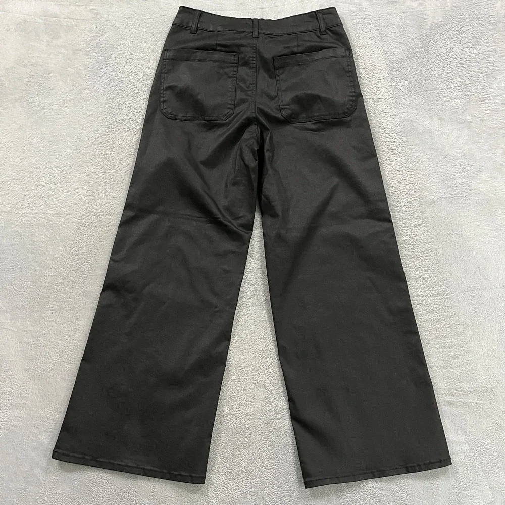 OAT New York High Rise Wide Leg Pants 10 30 Black Coated Stretch Grunge Goth Y2K